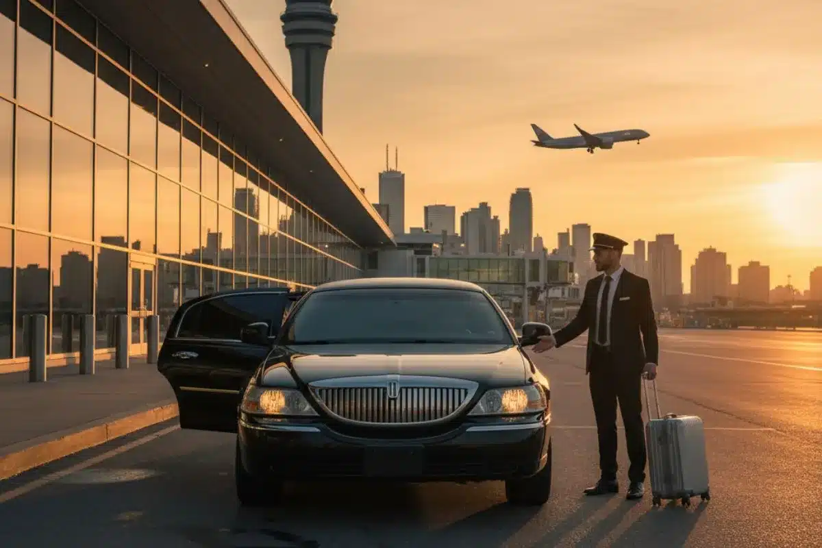 DTW Limo Service chauffeur assisting with luggage next to a black luxury sedan at an airport terminal curb, ensuring on-time travel and eliminating delays.
